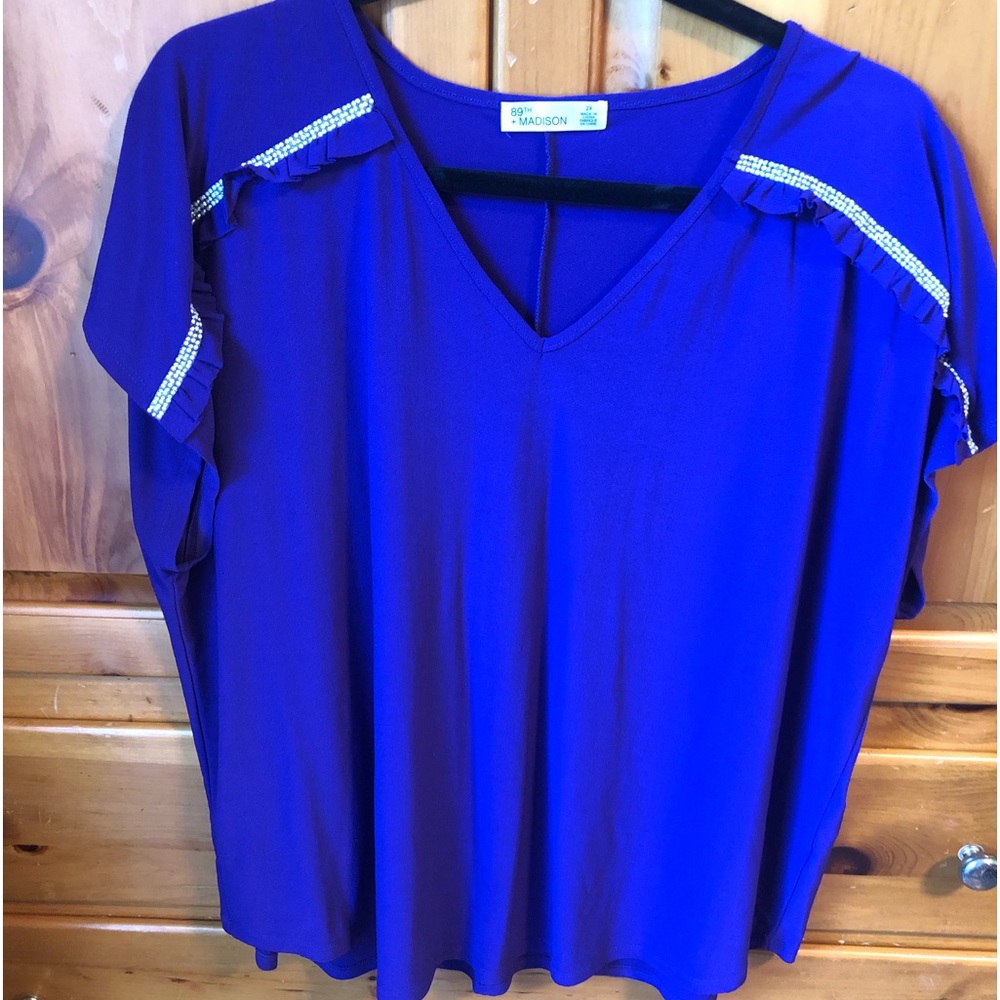 89th + Madison Purple Blouse w/Crystal Shoulder Accents, Cap Sleeve
